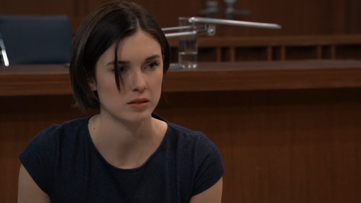 Katelyn MacMullen as Willow upset in court in General Hospital 