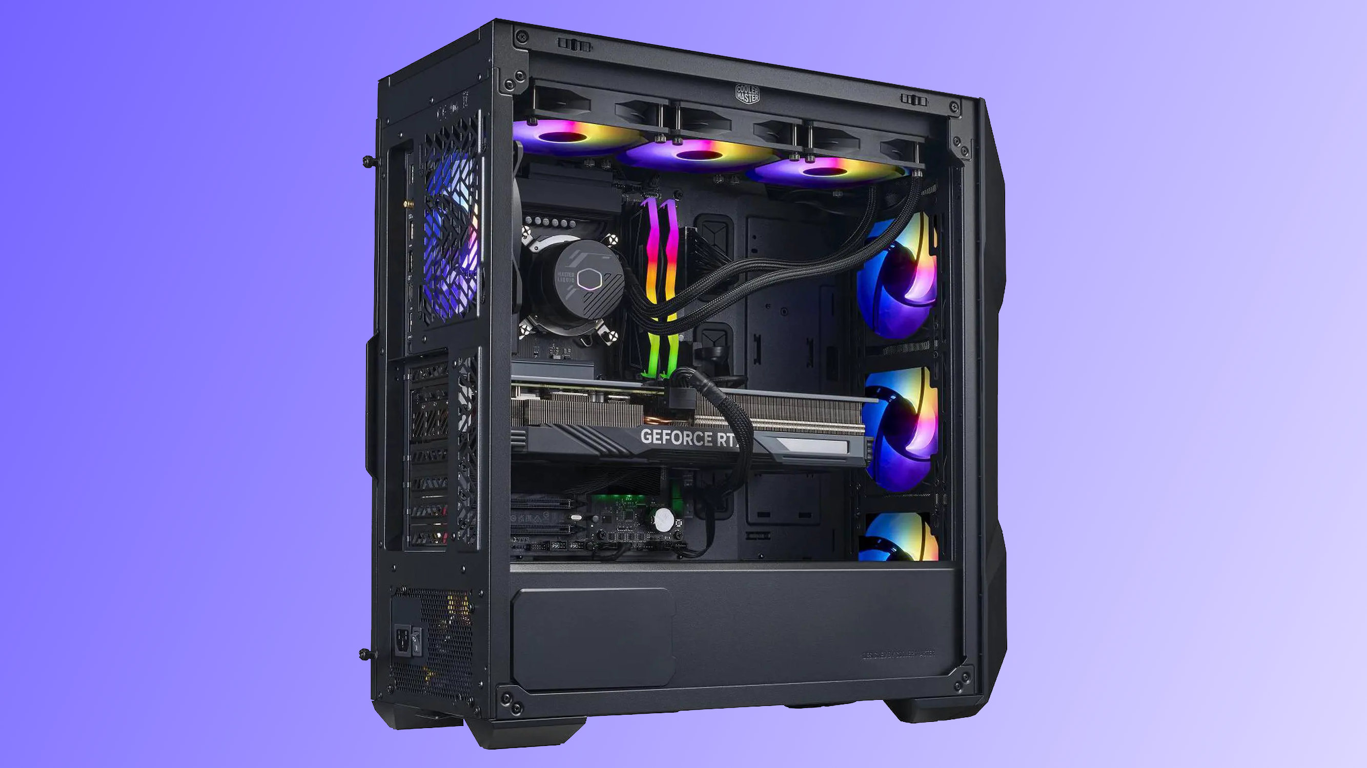 An angled side view of a Cooler Master TD5 Pro gaming PC, with its glass side panel removed, and with a gradient purple background.