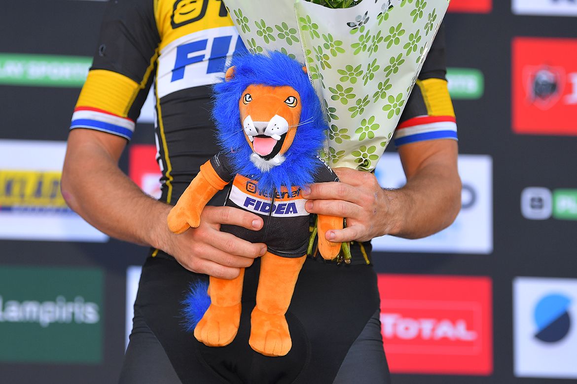 The Telenet Fidea lion enjoying some time on the podium