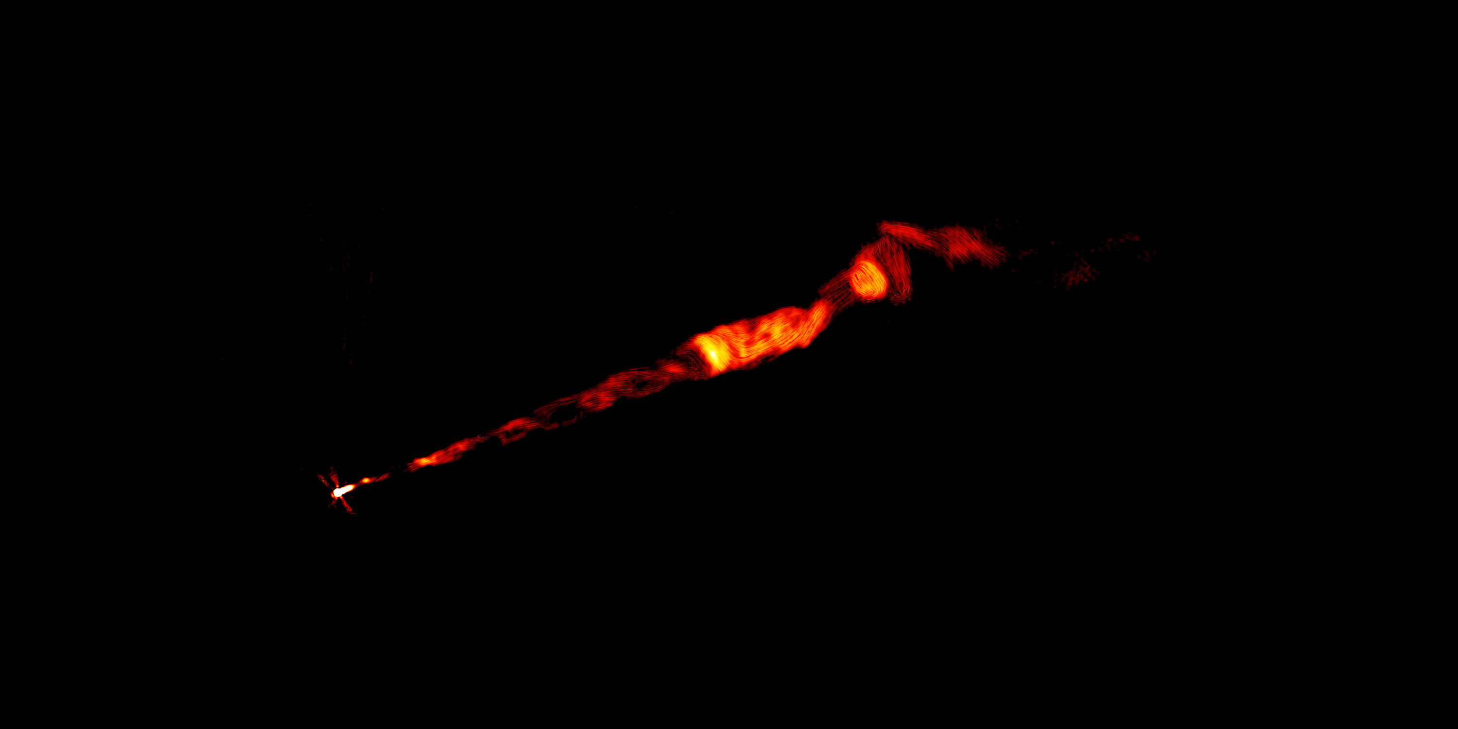 Radio wave image of an orange jet shooting out of a black hole.