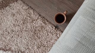 Above photo of floor, showing the edge of a bed, a fluffy rug, and a mug