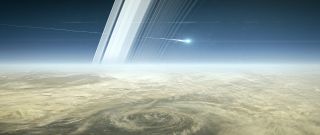 An artist's illustration of the Cassini spacecraft plummeting through Saturn's atmosphere.