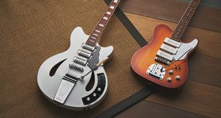The Custom Supreme (left) is inspired by a Grimshaw guitar played by Pete Townshend in the 60s. The Trio (right) mashes up a T-style with an offset and features two pickup selector switches!