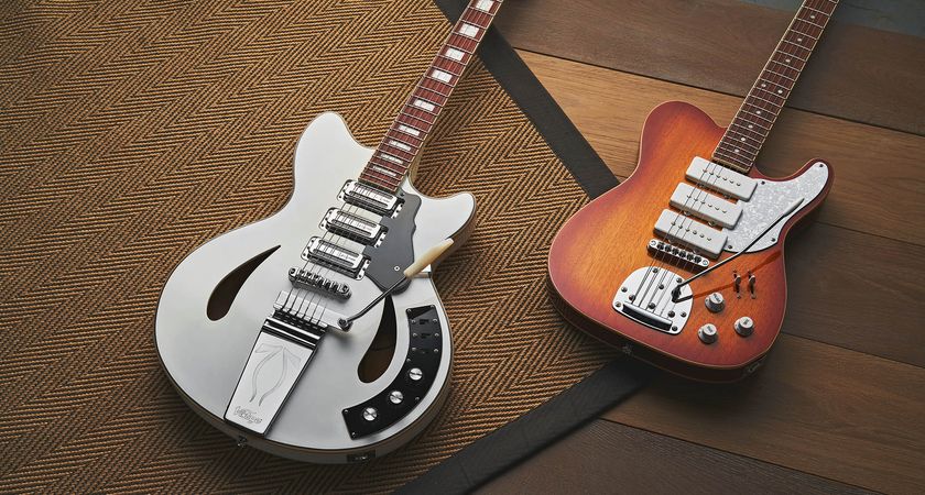 The Custom Supreme (left) is inspired by a Grimshaw guitar played by Pete Townshend in the 60s. The Trio (right) mashes up a T-style with an offset and features two pickup selector switches!