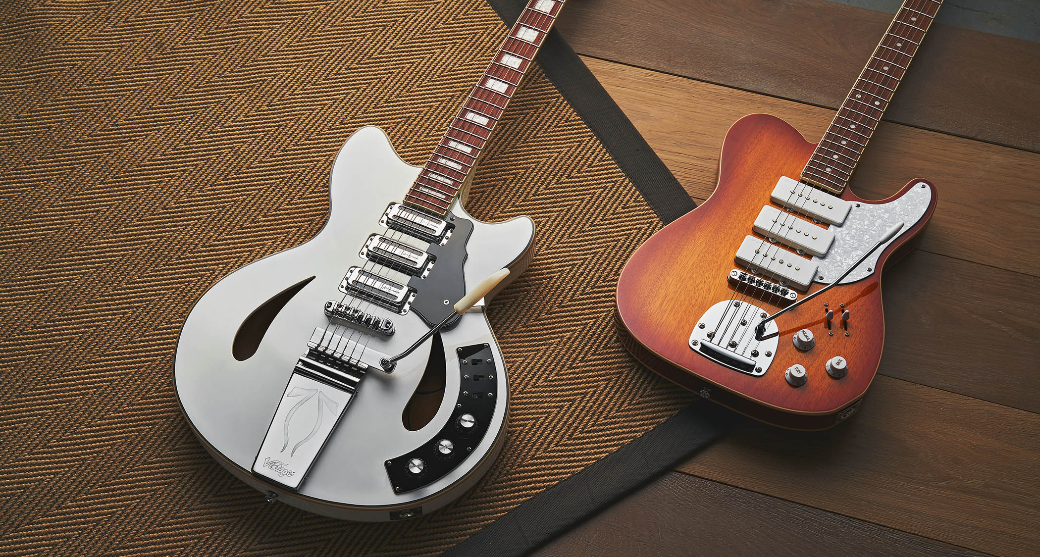The Custom Supreme (left) is inspired by a Grimshaw guitar played by Pete Townshend in the 60s. The Trio (right) mashes up a T-style with an offset and features two pickup selector switches!