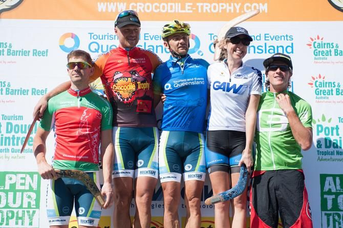 The leader jersey podium of Stage 1 (l-r): Michal Kafka (Amateur), Ivan Rybarik (Overall), Ondrej Slezak (Best Australian), Imogen Smith (Women's), Guido Thaler (Best Austrian).
