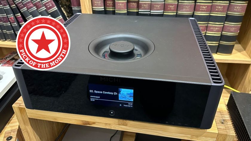 Rotel CD player on stand with Pick of the Month logo