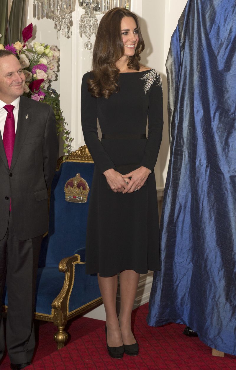 During the Royal Tour of New Zealand, she kept things simple, yet eye-catching in this Jenny Packham black shift dress with crystal embroidery on one shoulder.