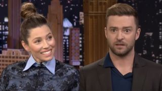 jessica biel and justin timberlake during separate interviews on the tonight show