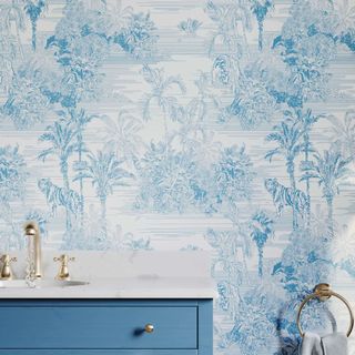 blue and white wallpaper with tiger print