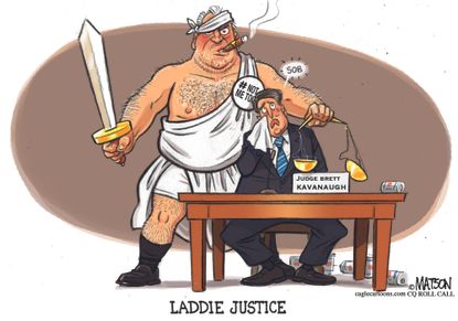 Political cartoon U.S. Brett Kavanaugh #MeToo Lady Justice blind
