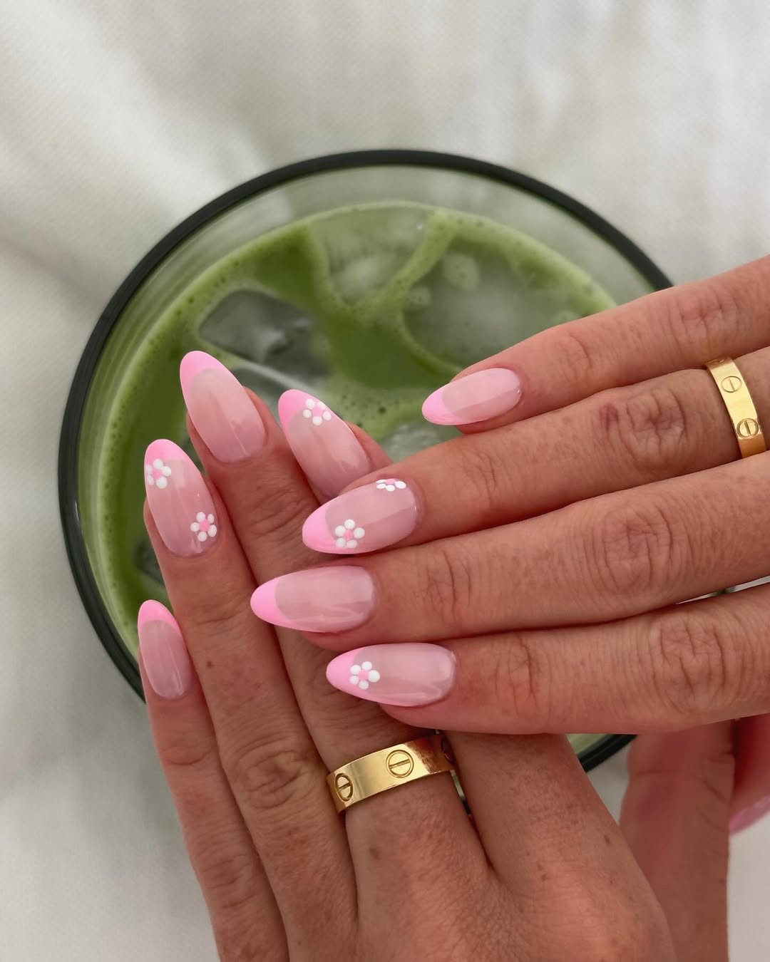 cherry blossom nails with baby pink french tips
