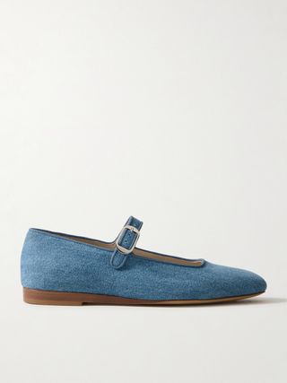 Grosgrain-Trimmed Denim Mary Jane Ballet Flats