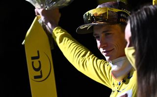 Jonas Vingegaard on the Tour de France podium after stage 15