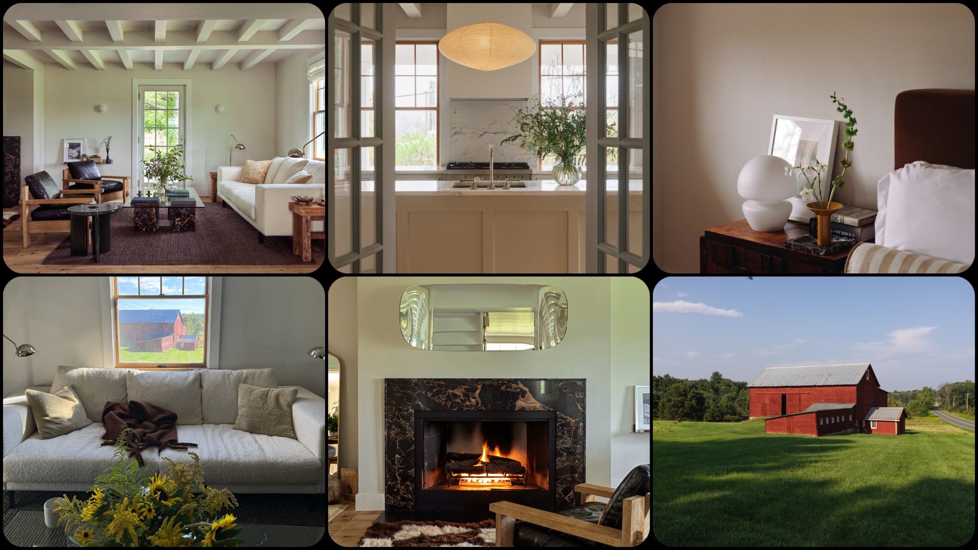 Upstate New York farm stay featuring airy bedrooms and living spaces, a modern kitchen, a lit fireplace, and a red barn surrounded by green fields.