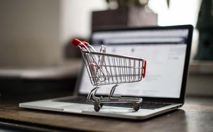 Miniature Shopping Cart on a Notebook with open webpage of a shop