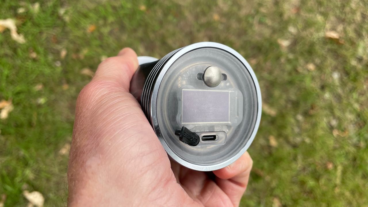 An Exposure Six Pack 15 MTB light with detail of the back of the light