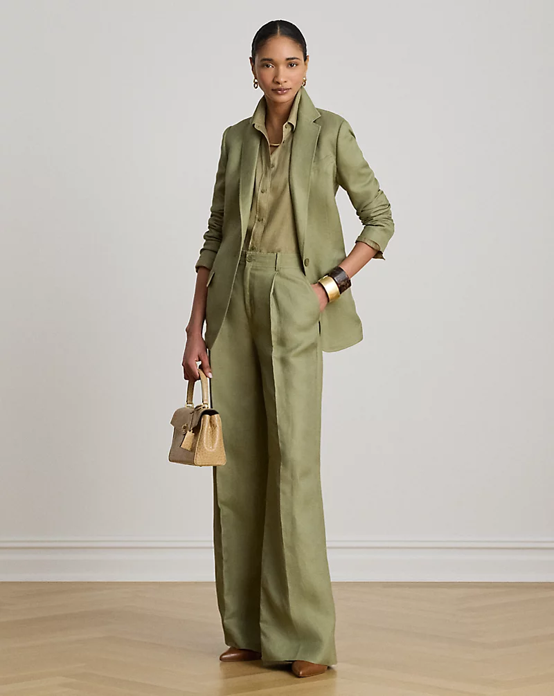 Linen Blend Twill Wide Leg Trousers