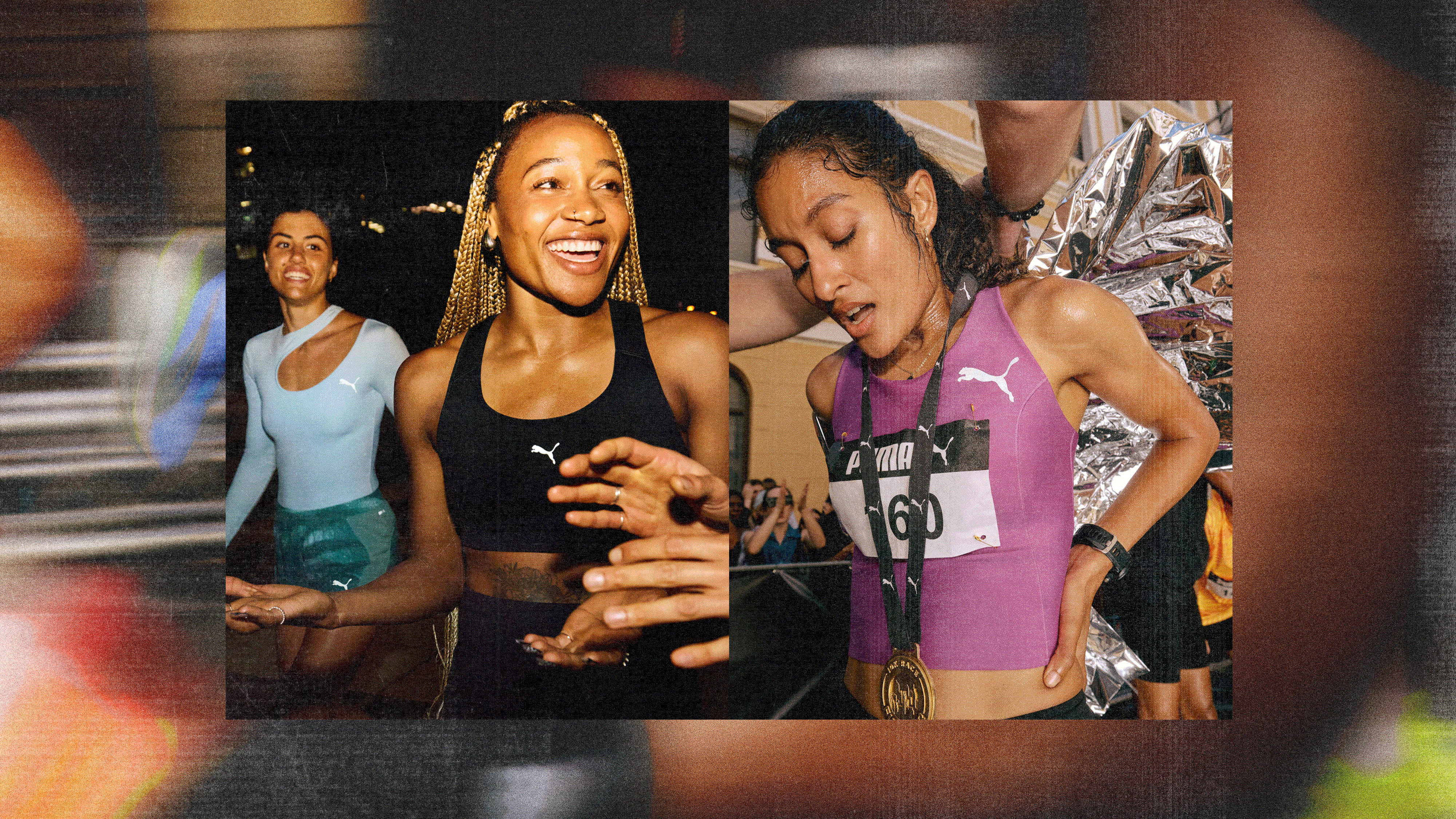 GIF cycling between photos of women runners at a nighttime race. One frame shows runners in motion, including a woman in a bright pink top mid-stride and another catching her breath after finishing, medal around her neck. The next frame shows runners laughing and celebrating together.