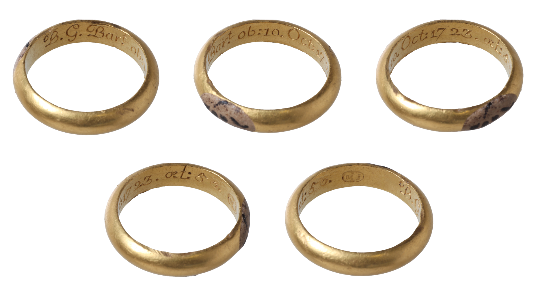 A series of 5 images of a gold band showing the inscription on the inside