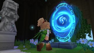 A Hytale character prepares to enter a glowing blue portal