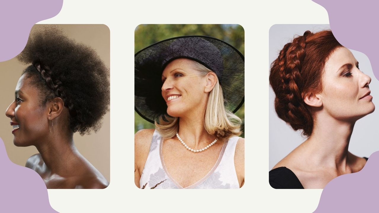 Collage of three of the best mother of the bride hairstyles, a natural updo, flicky blow dry with a hat, braided updo