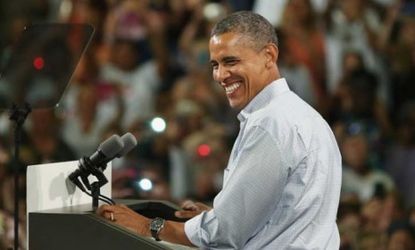 President Obama speaks in Florida on Sept. 9: At least three major tracking polls show voters inching in the Democrat's direction after the party's convention.