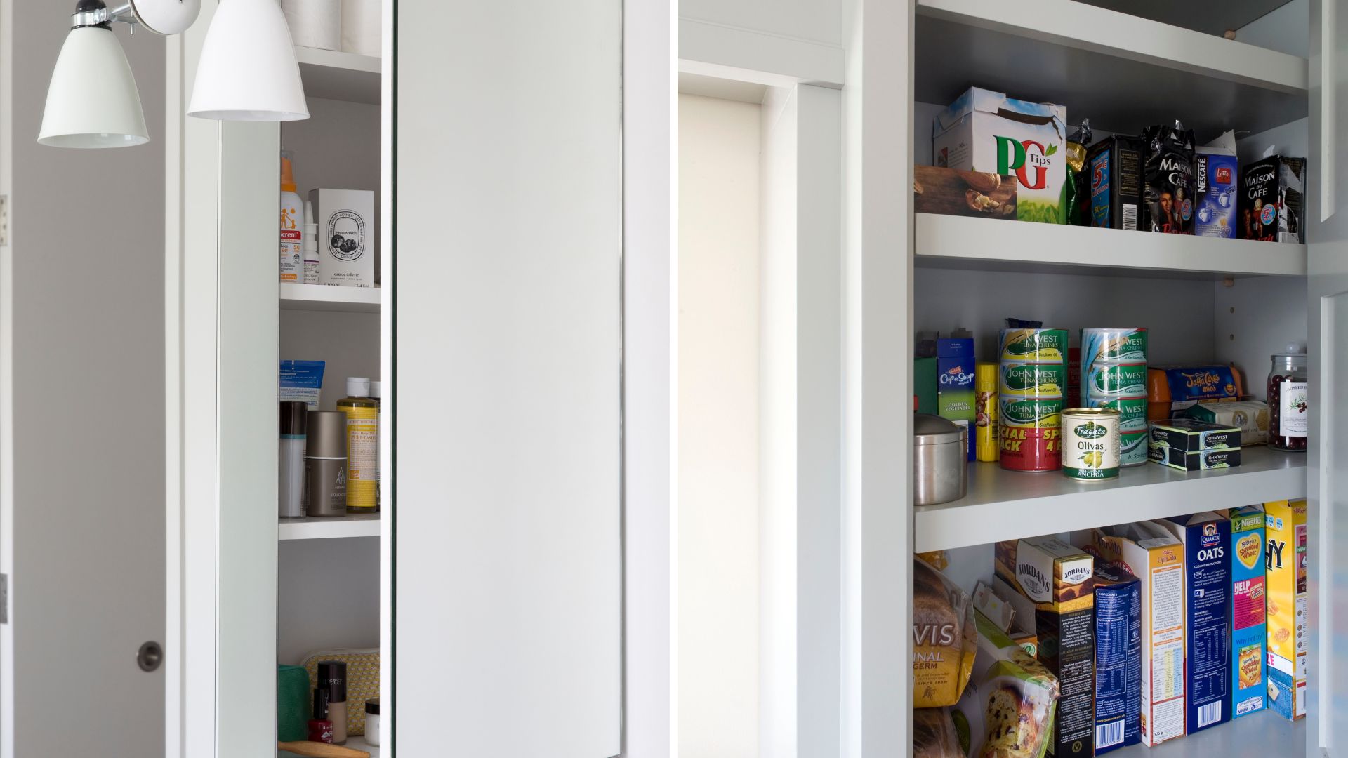 compilation image showing inside a bathroom cabinet and kitchen cupboard to show decluttering mistakes with products