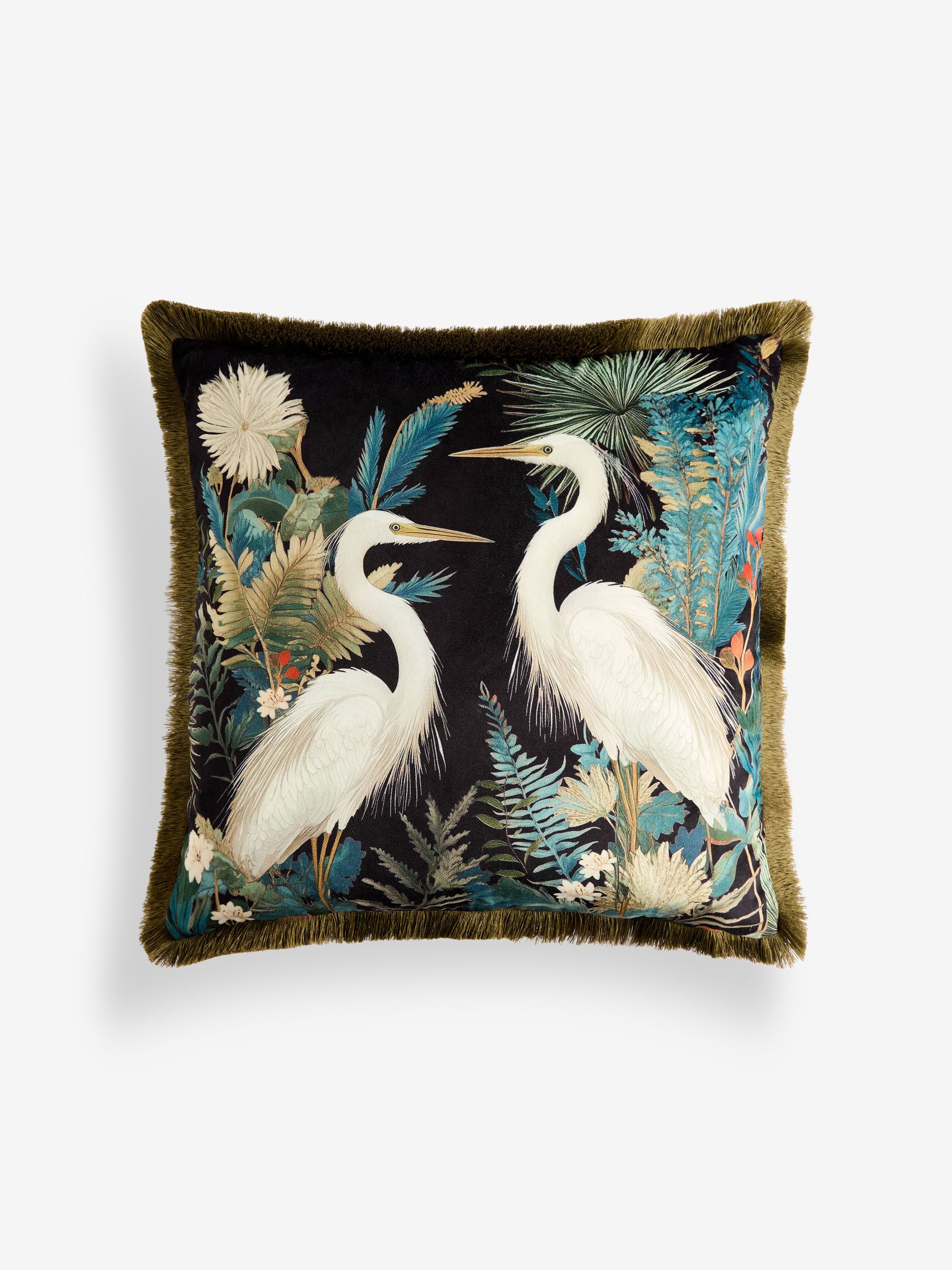 Teal Blue Printed Crane Velvet Cushion - Size 50x50
