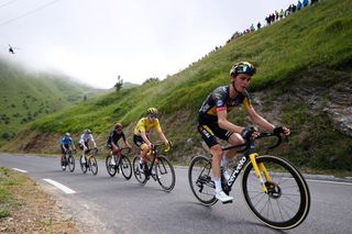 Sepp Kuss leads the GC leaders up the final climb of stage 18 at the Tour de France
