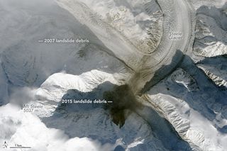Satellite image of the aftermath of the Mount Steele landslide on Oct. 11, 2015.