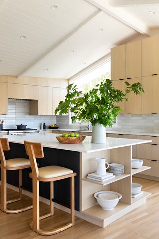 Wooden kitchen with large island with shelving and greenery