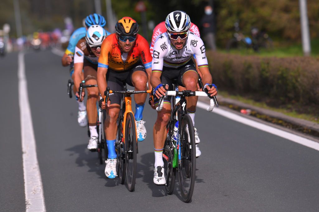 OVERIJSE BELGIUM OCTOBER 07 Julian Alaphilippe of France and Team Deceuninck QuickStep Sonny Colbrelli of Italy and Team Bahrain Mclaren Breakaway during the 60th Brabantse Pijl 2020 Men Elite a 197km race from Leuven to OverijseSchavei 106m La Flche Brabanonne BP20 on October 07 2020 in Overijse Belgium Photo by Luc ClaessenGetty Images