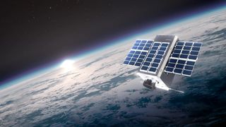 a rectangular satellite covered in solar panels floats in space above Earth