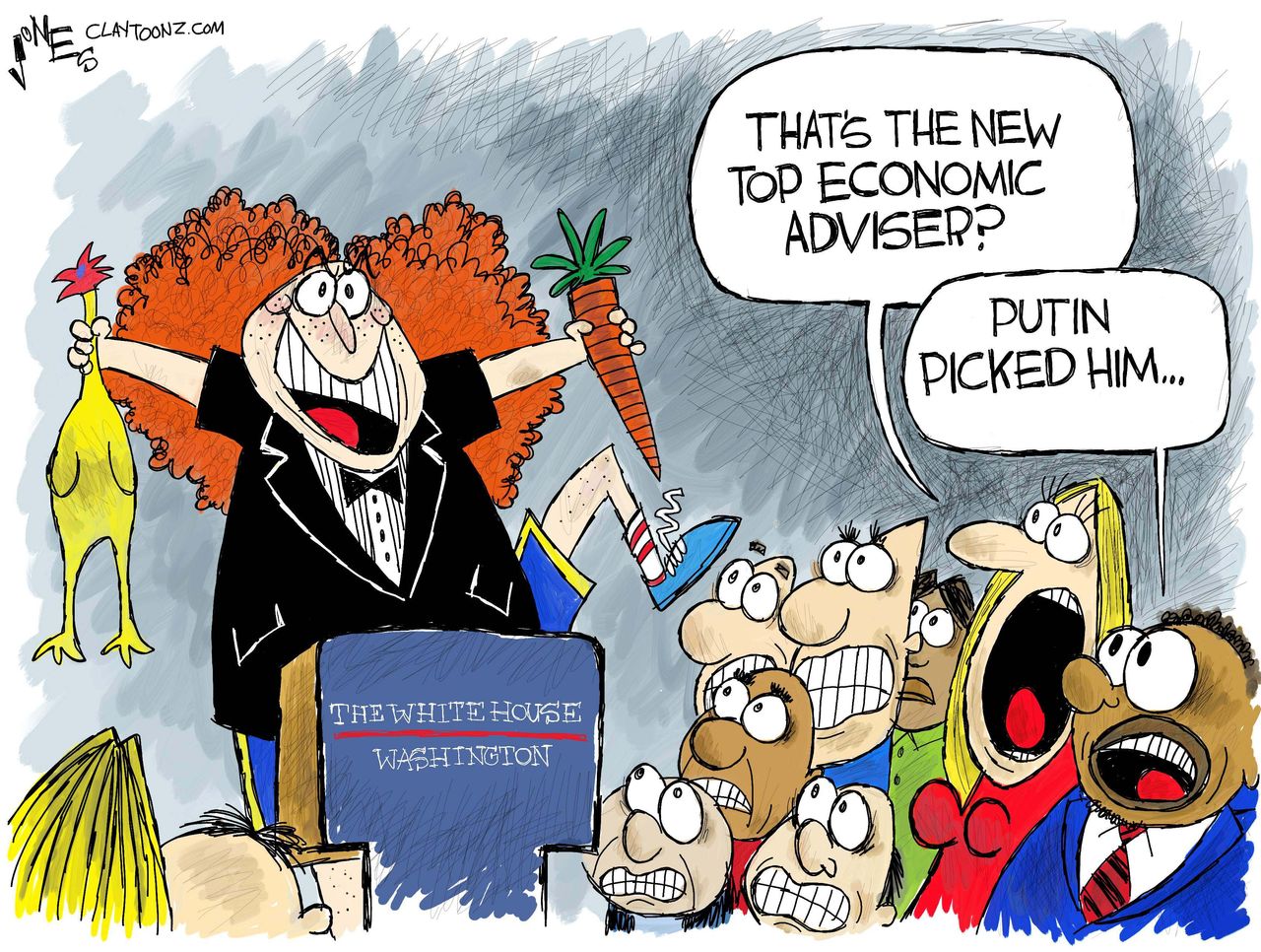 Political cartoon U.S. Putin White House chaos Gary Cohn Carrot Top