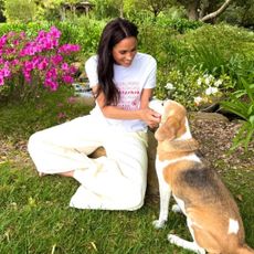 Meghan Markle sitting in grass petting her beagle, Mamma Mia, in a garden