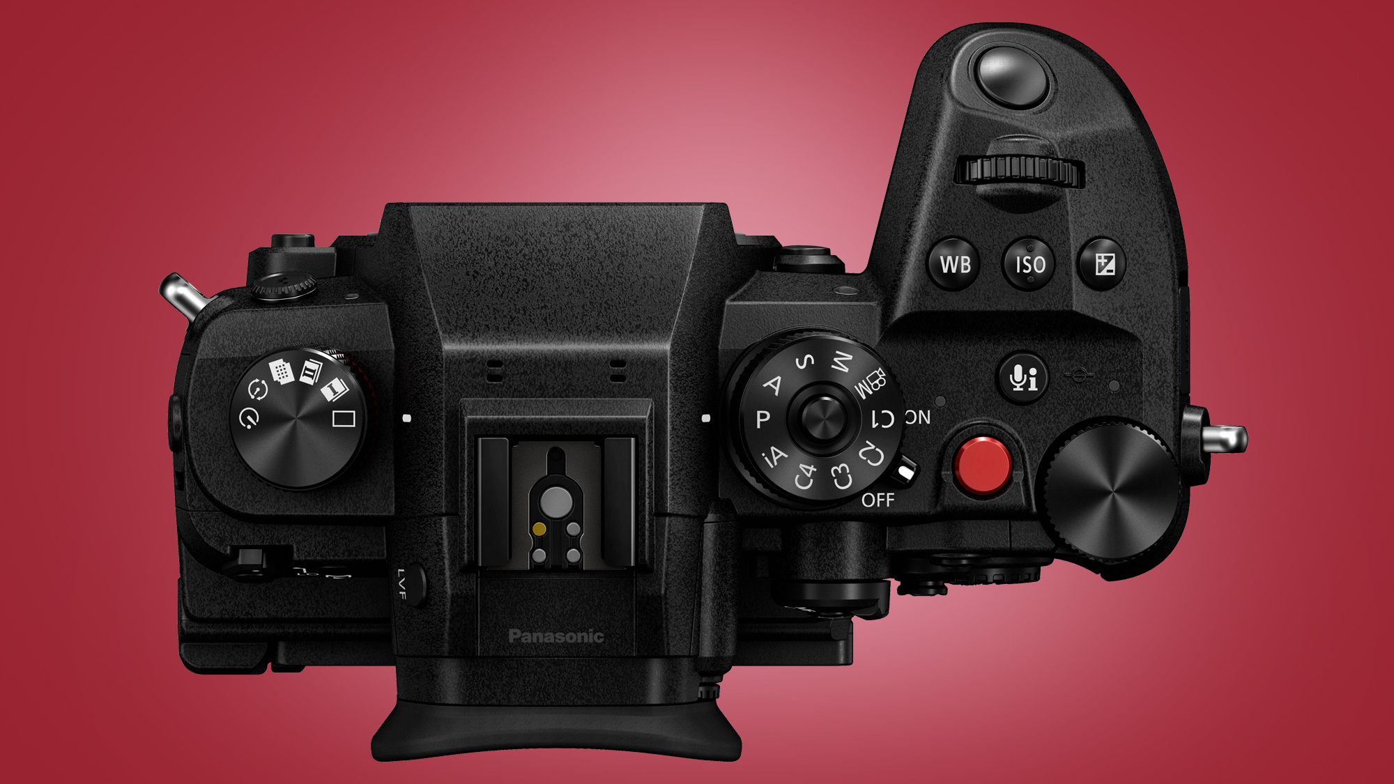 The Panasonic GH6 camera on a red background