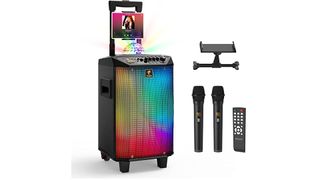 Karaoke machine with multi-colored lights and microphones.