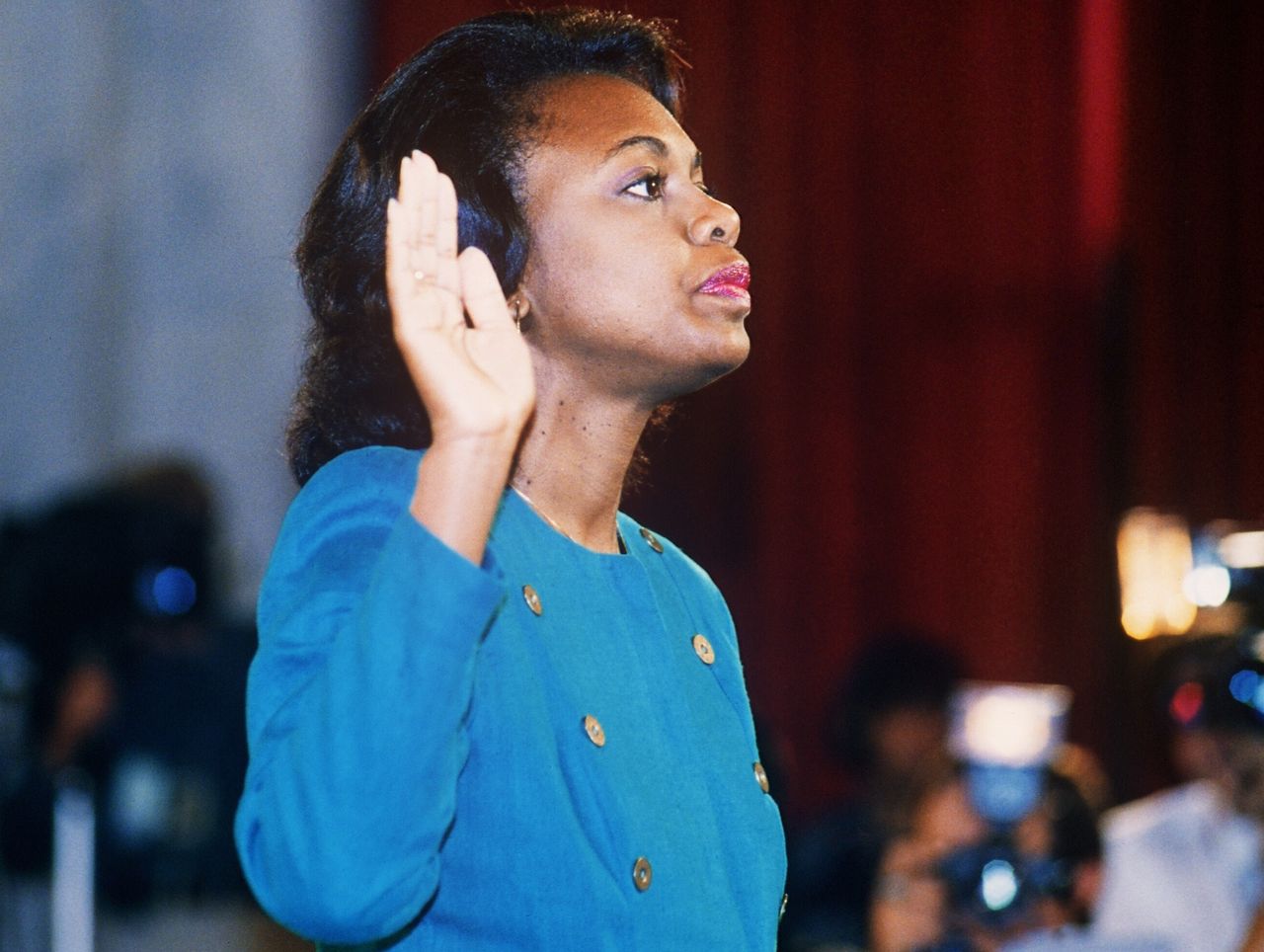 Anita Hill takes the oath for the Clarence Thomas hearings in 1991.