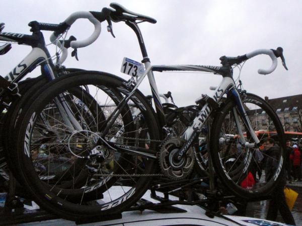 Baden Cooke's bike sits atop the team Saxo Bank team car