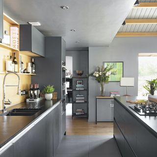 kitchen room with grey wall and sink