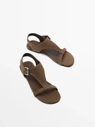 Flat Split Leather Sandals With Buckle