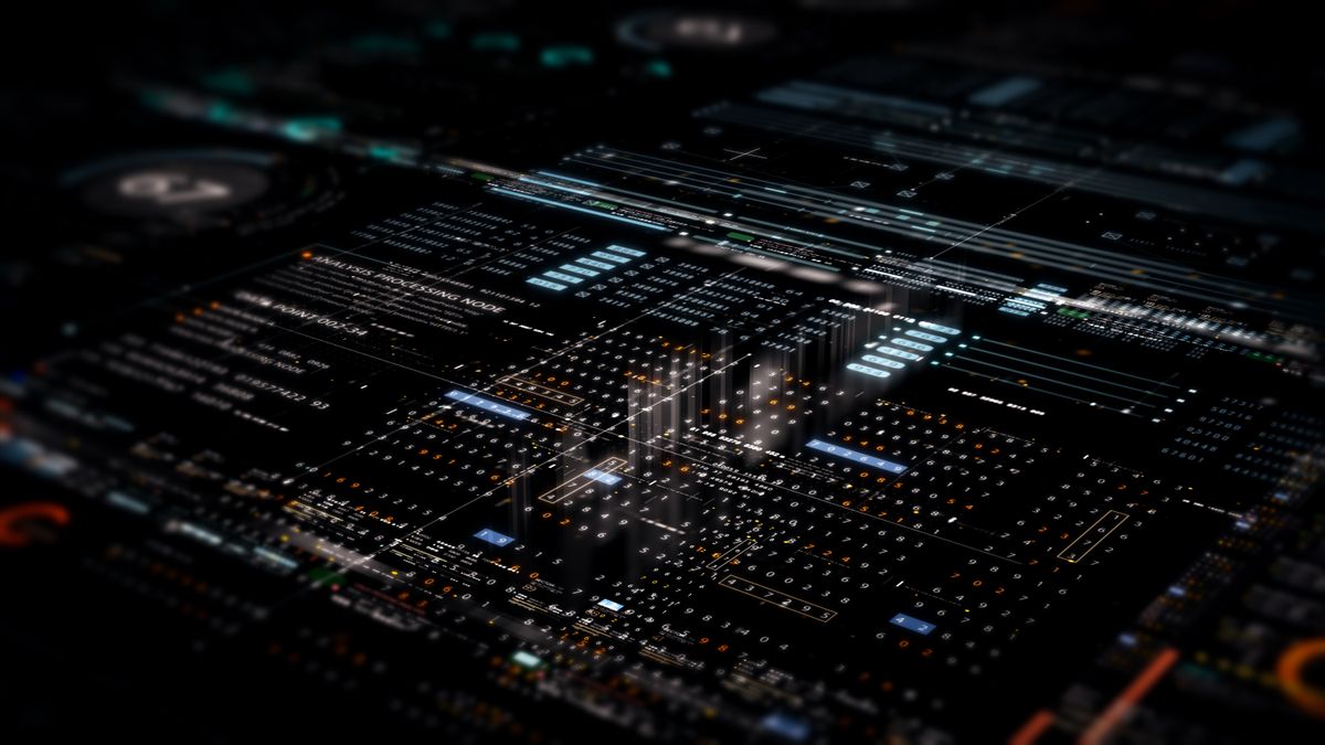 A defocussed data matrix on a black background showing numbers and symbols with some sets of characters highlighted