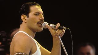 Freddie Mercury singing onstage at Live Aid