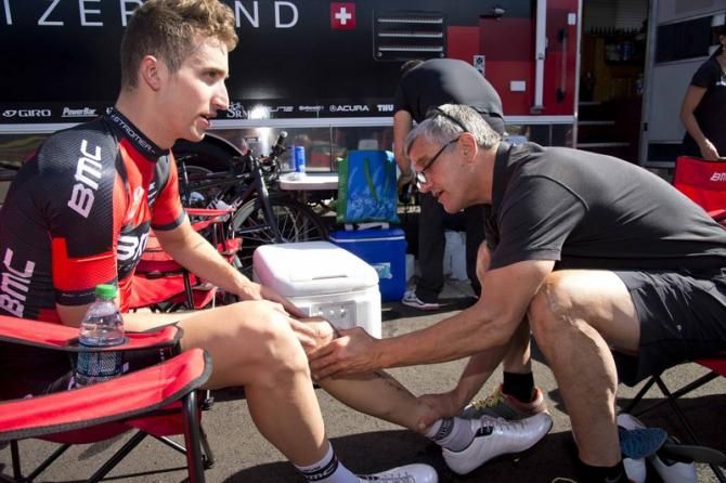 Eric Heiden checks Taylor Phinney's leg
