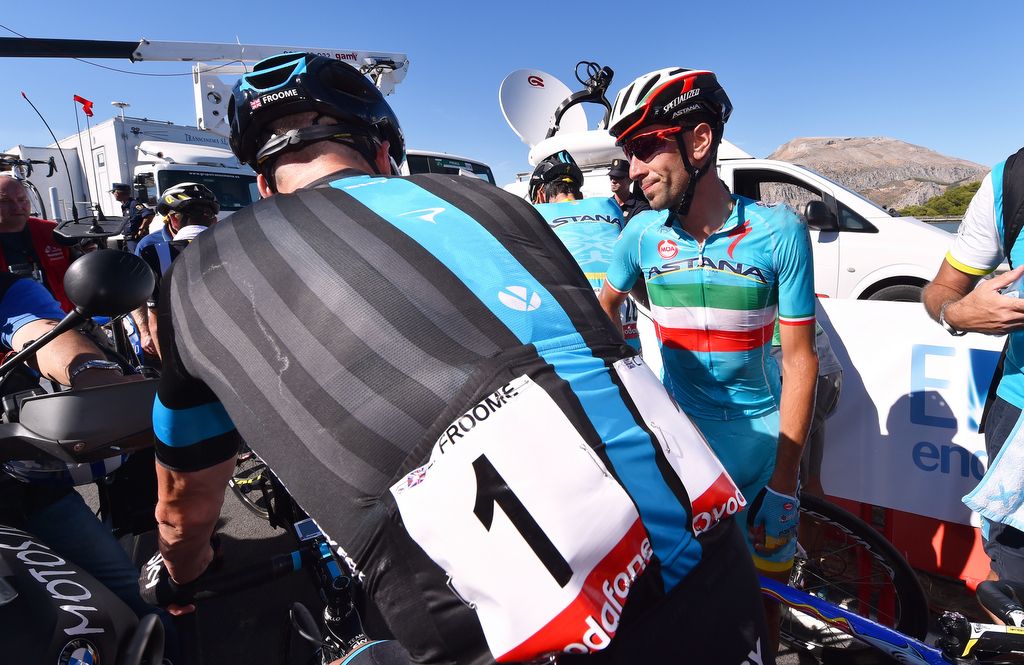Chris Froome and Vincenzo Nibali chattting post-stage