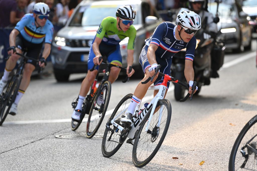 TRENTO ITALY SEPTEMBER 12 Benoit Cosnefroy of France competes in the breakaway during the 27th UEC Road Cycling European Championships 2021 Elite Mens Road Race a 1792km race from TrentoPiazza Duomo to TrentoPiazza Duomo UECcycling on September 12 2021 in Trento Italy Photo by Justin SetterfieldGetty Images