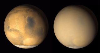 Two 2001 images from the Mars Orbiter Camera on NASA's Mars Global Surveyor orbiter show a dramatic change in the planet's appearance when haze raised by dust-storm activity in the south became globally distributed.