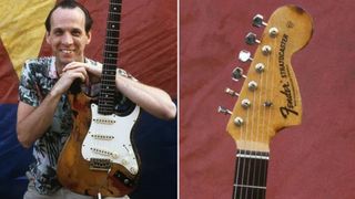 Adrian Belew holds his burned Strat (left), the headstock of his burned Strat