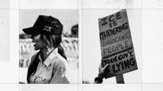 Illustration of Kristi Noem and an anti-ICE protest sign